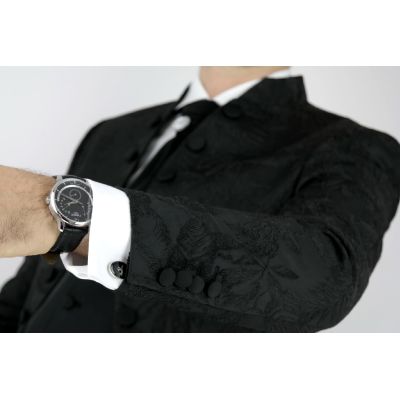 Garnitur męski z kamizelką i krawatem czarny kwiaty GG05 elegancki Pan Młody i nie tylko, ślubny | Sklep GriShop.eu | Garnitury