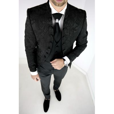 Garnitur męski z kamizelką i krawatem czarny kwiaty GG05 elegancki Pan Młody i nie tylko, ślubny | Sklep GriShop.eu | Garnitury
