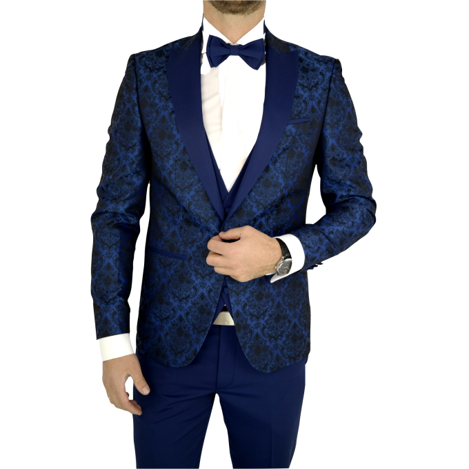 Garnitur męski z kamizelką i muszką niebieski GG06 elegancki Pan Młody i nie tylko, ślubny | Sklep GriShop.eu | Garnitury