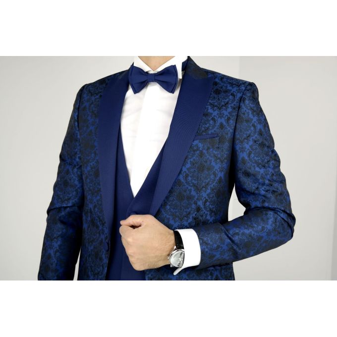 Garnitur męski z kamizelką i muszką niebieski GG06 elegancki Pan Młody i nie tylko, ślubny | Sklep GriShop.eu | Garnitury