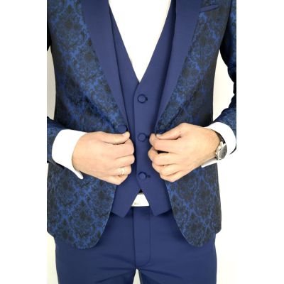 Garnitur męski z kamizelką i muszką niebieski GG06 elegancki Pan Młody i nie tylko, ślubny | Sklep GriShop.eu | Garnitury