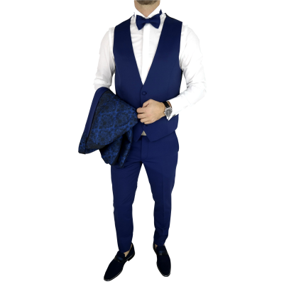 Garnitur męski z kamizelką i muszką niebieski GG06 elegancki Pan Młody i nie tylko, ślubny | Sklep GriShop.eu | Garnitury