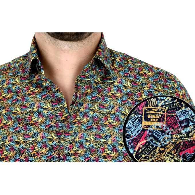 GIOVANNI PERA Koszula męska GP42 kolorowa pieczątki podróże VISA | Sklep GriShop.eu | Koszule