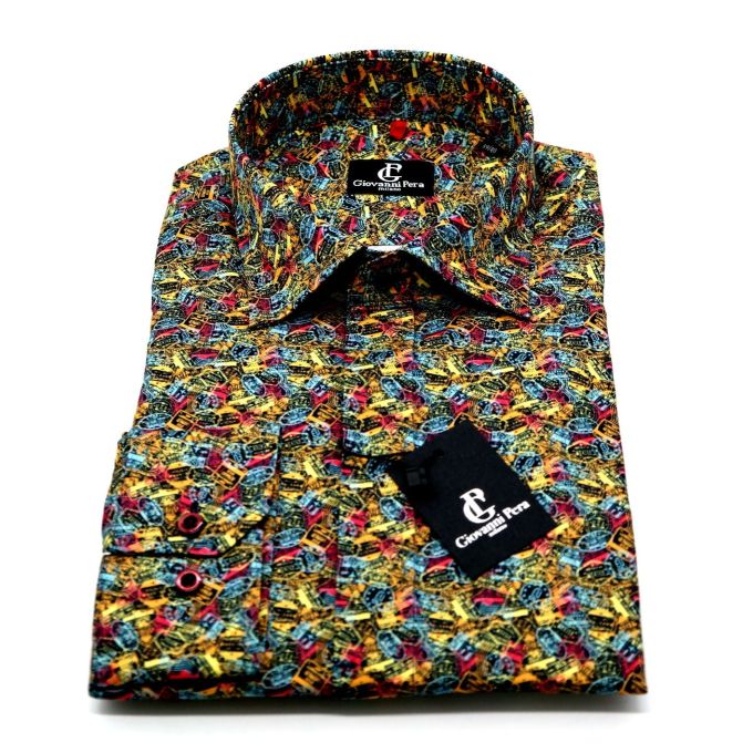 GIOVANNI PERA Koszula męska GP42 kolorowa pieczątki podróże VISA | Sklep GriShop.eu | Koszule