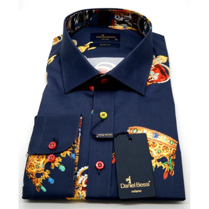 DANIEL BESSI Koszula męska fb603 granatowa korona król kolorowa | Sklep GriShop.eu | Koszule