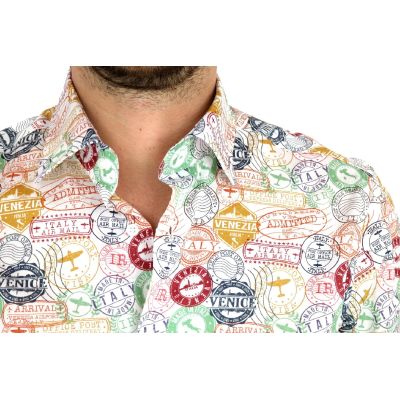 TANCREDO Koszula męska TN07 biała w kolorowe pieczątki wesoła podróże VISA | Sklep GriShop.eu | Koszule