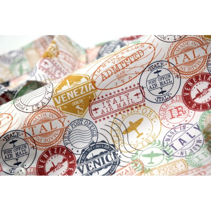 TANCREDO Koszula męska TN07 biała w kolorowe pieczątki wesoła podróże VISA | Sklep GriShop.eu | Koszule