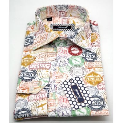 TANCREDO Koszula męska TN07 biała w kolorowe pieczątki wesoła podróże VISA | Sklep GriShop.eu | Koszule