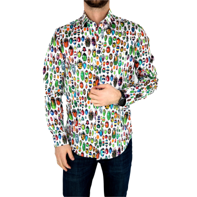 DANIEL BESSI Koszula męska fb632 biała w kolorowe robaki, wesoła | Sklep GriShop.eu | Koszule