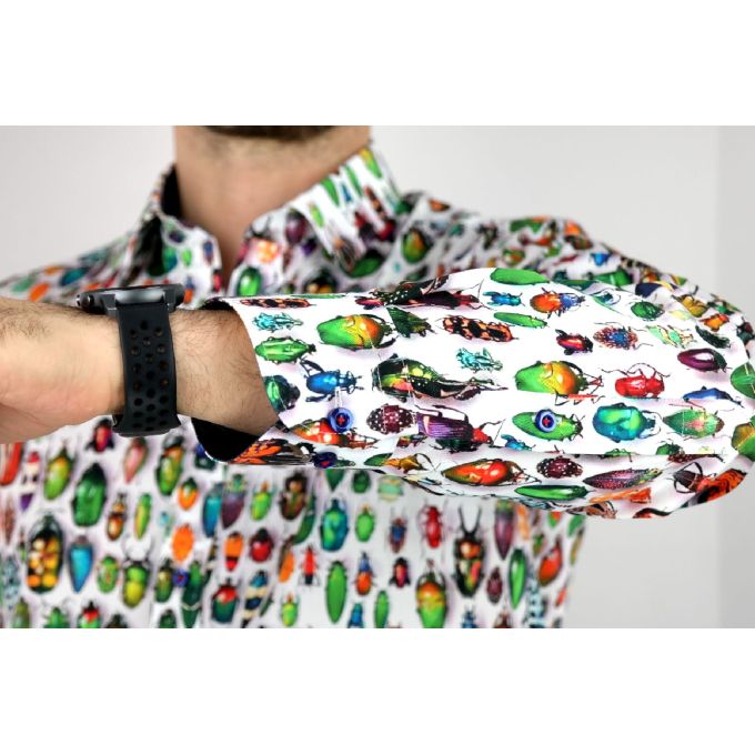 DANIEL BESSI Koszula męska fb632 biała w kolorowe robaki, wesoła | Sklep GriShop.eu | Koszule