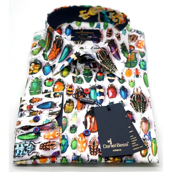 DANIEL BESSI Koszula męska fb632 biała w kolorowe robaki, wesoła | Sklep GriShop.eu | Koszule