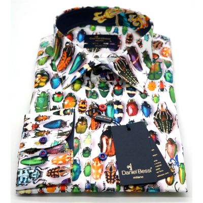 DANIEL BESSI Koszula męska fb632 biała w kolorowe robaki, wesoła | Sklep GriShop.eu | Koszule