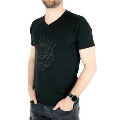 GIOVANNI PERA T-shirt męski czarny serek TGP52 lew | Grishop | Koszulki