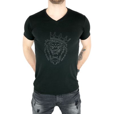 GIOVANNI PERA T-shirt męski czarny serek TGP52 lew | Grishop | Koszulki