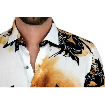 MCQUEEN Koszula męska żółta MC051 liście czarne | Sklep GriShop.eu | Koszule