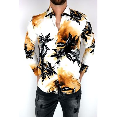 MCQUEEN Koszula męska żółta MC051 liście czarne | Sklep GriShop.eu | Koszule