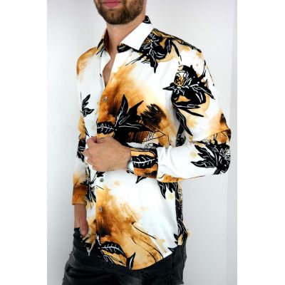 MCQUEEN Koszula męska żółta MC051 liście czarne | Sklep GriShop.eu | Koszule
