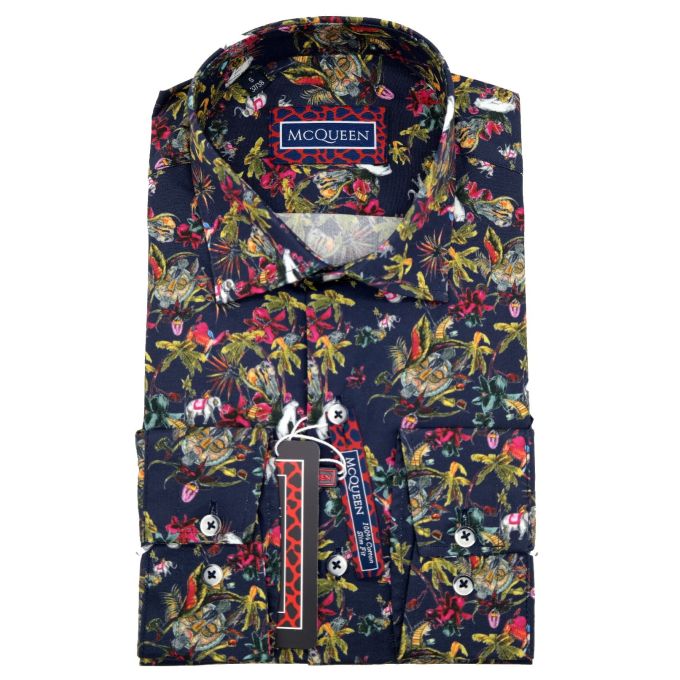 MCQUEEN Koszula męska granatowa MC072 kolorowe kwiaty, zwierzęta | Sklep GriShop.eu | Koszule