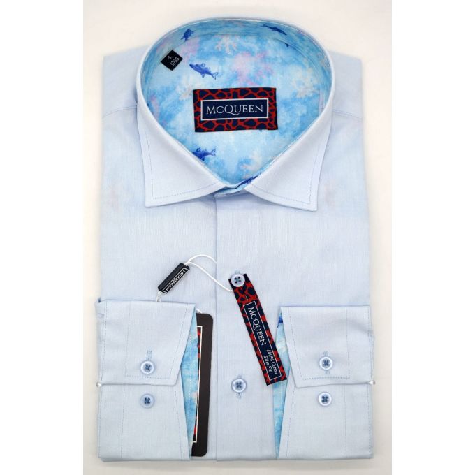 MCQUEEN Koszula męska MC064 błękitna, wykończenie w rybki | Sklep GriShop.eu | Koszule