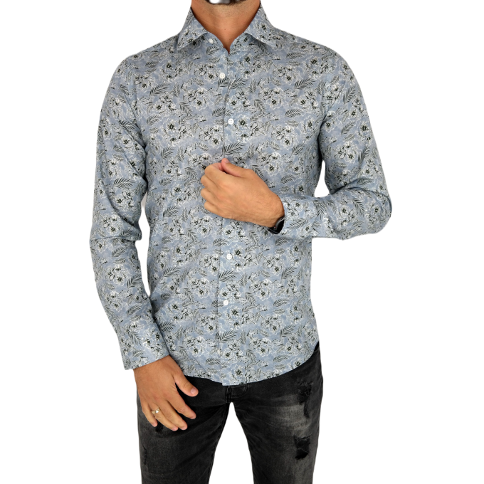 TANCREDO Koszula męska TN34 błękitna w zielony wzór, kwiaty | Sklep GriShop.eu | Koszule