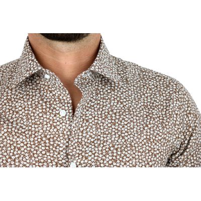 TANCREDO Koszula męska TN27 brązowa w drobne białe kwiatki | Sklep GriShop.eu | Koszule