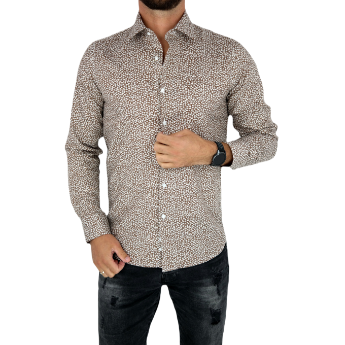 TANCREDO Koszula męska TN27 brązowa w drobne białe kwiatki | Sklep GriShop.eu | Koszule