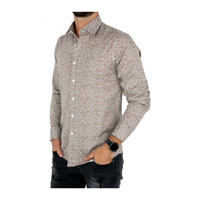 TANCREDO Koszula męska TN27 brązowa w drobne białe kwiatki | Sklep GriShop.eu | Koszule