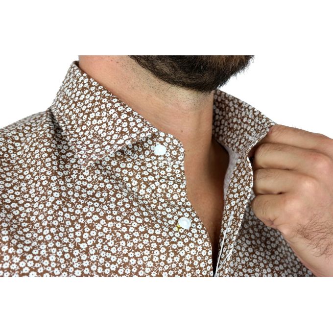 TANCREDO Koszula męska TN27 brązowa w drobne białe kwiatki | Sklep GriShop.eu | Koszule