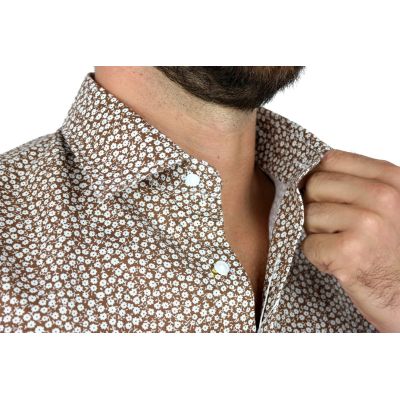 TANCREDO Koszula męska TN27 brązowa w drobne białe kwiatki | Sklep GriShop.eu | Koszule