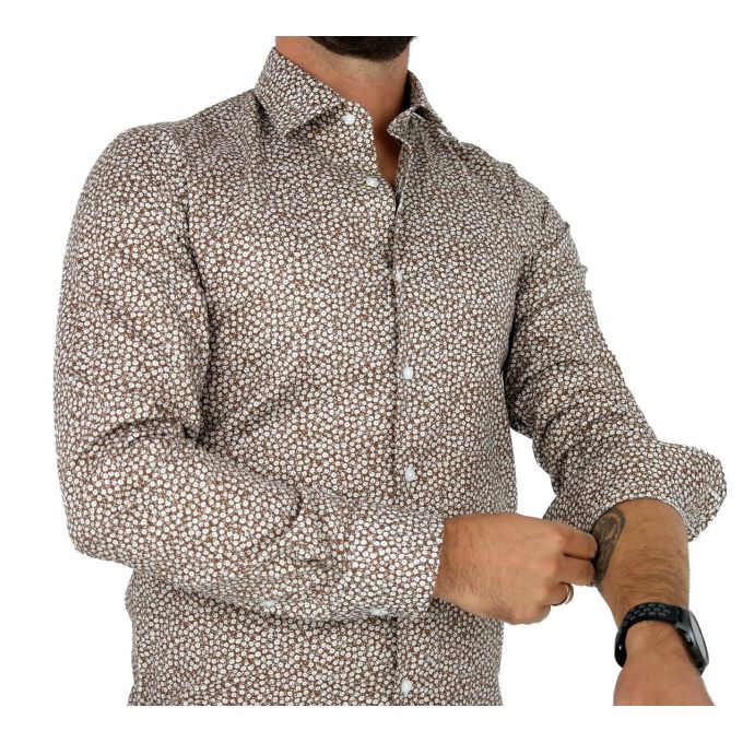 TANCREDO Koszula męska TN27 brązowa w drobne białe kwiatki | Sklep GriShop.eu | Koszule