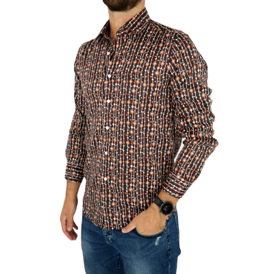 TANCREDO Koszula męska TN39 brązowa w paski, drobne kwiatki | Sklep GriShop.eu | Koszule