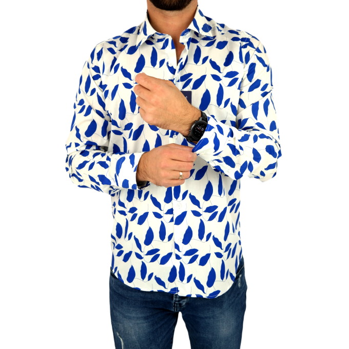 TANCREDO Koszula męska TN38 biała w niebieskie liście | Sklep GriShop.eu | Koszule