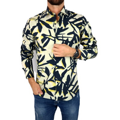 TANCREDO Koszula męska TN33 zielona, duże granatowe liście | Sklep GriShop.eu | Koszule