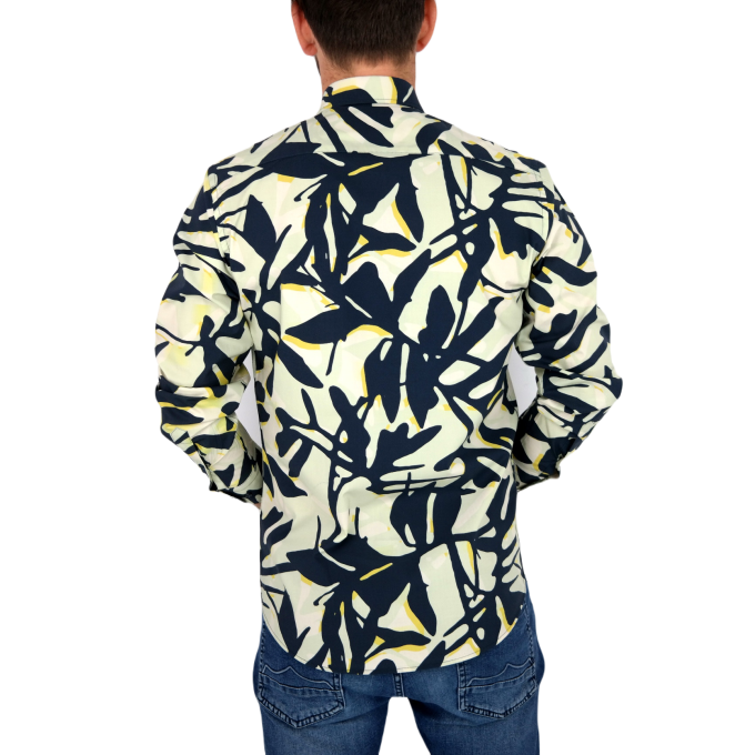 TANCREDO Koszula męska TN33 zielona, duże granatowe liście | Sklep GriShop.eu | Koszule