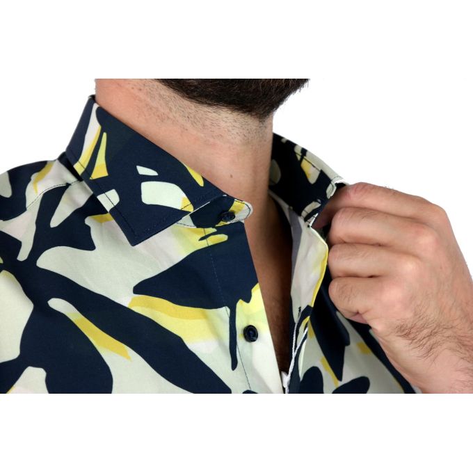 TANCREDO Koszula męska TN33 zielona, duże granatowe liście | Sklep GriShop.eu | Koszule