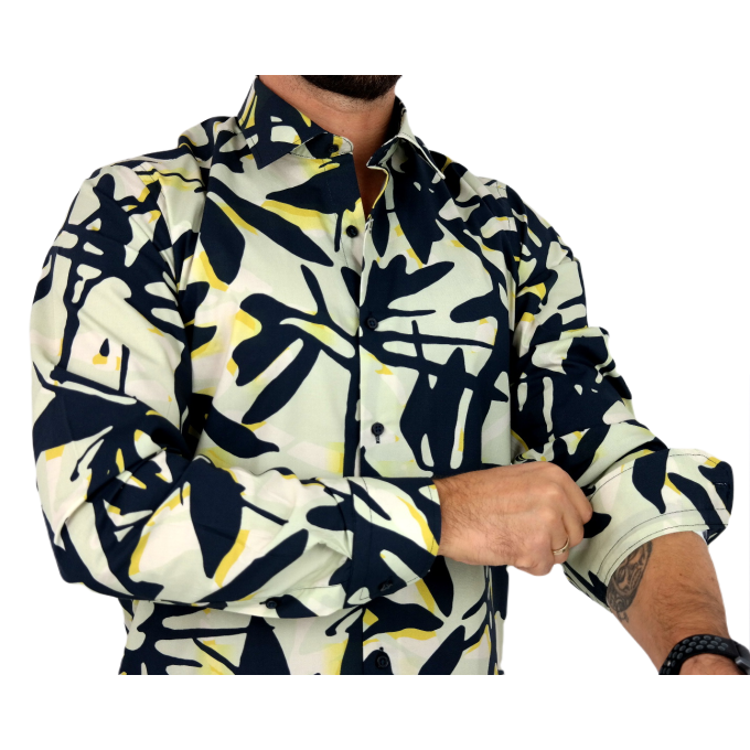 TANCREDO Koszula męska TN33 zielona, duże granatowe liście | Sklep GriShop.eu | Koszule