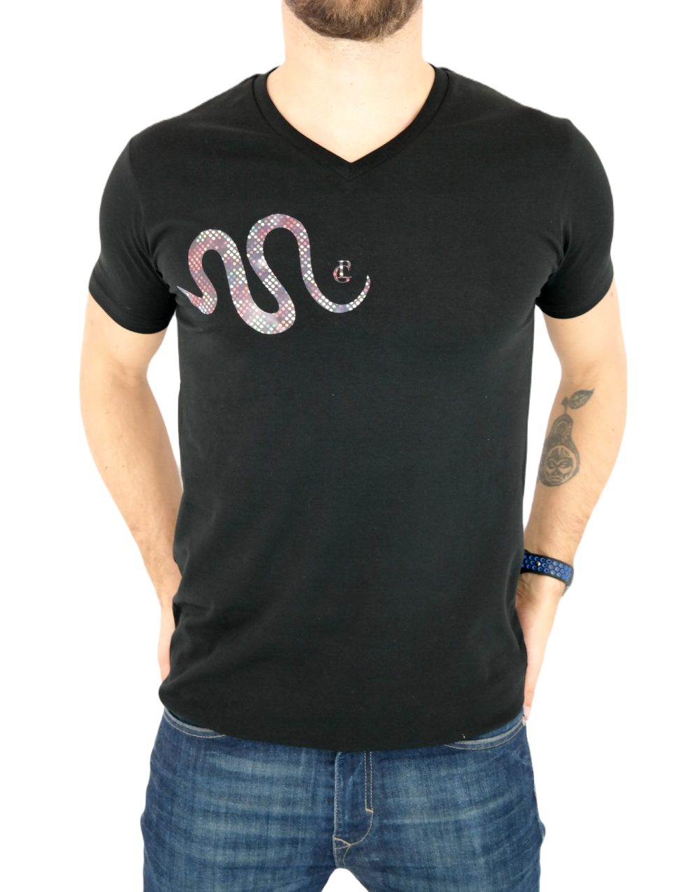 GIOVANNI PERA T-shirt męski czarny TGP72 w szpic, serek , wąż, elastan