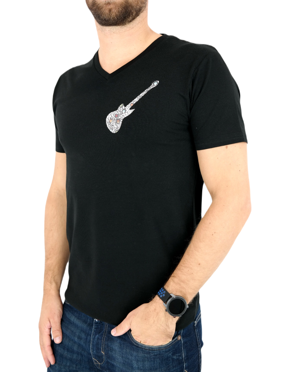 GIOVANNI PERA T-shirt męski czarny TGP73 w szpic, serek , gitara, elastan