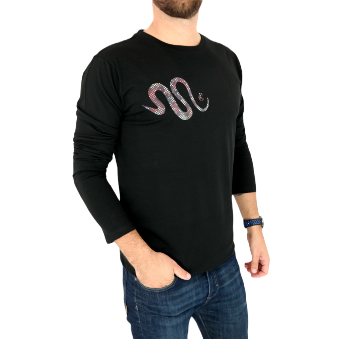 GIOVANNI PERA longsleeve męski T-shirt z długim rękawem TGP91 czarny wąż, okrągły | Sklep GriShop.eu | Koszulki