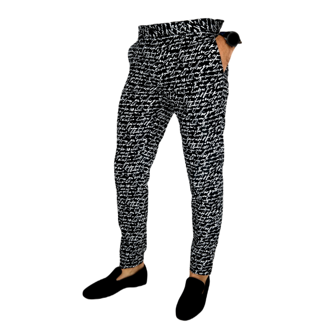 GIOVANNI PERA Spodnie męskie czarno-białe chinosy, pismo napisy | Sklep GriShop.eu | Spodnie