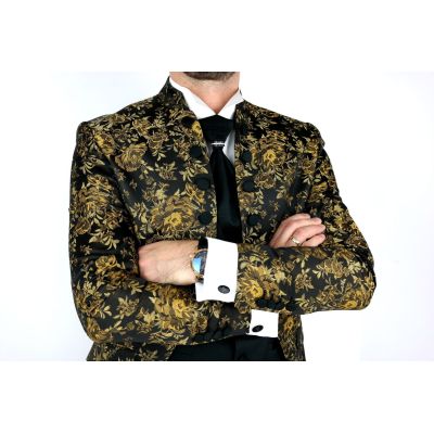 Garnitur męski z kamizelką i krawatem złoty GG11 kwiaty róże , elegancki Pan Młody i nie tylko, ślubny | Sklep GriShop.eu | Garn