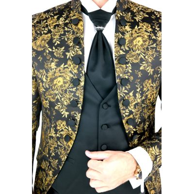 Garnitur męski z kamizelką i krawatem złoty GG11 kwiaty róże , elegancki Pan Młody i nie tylko, ślubny | Sklep GriShop.eu | Garn