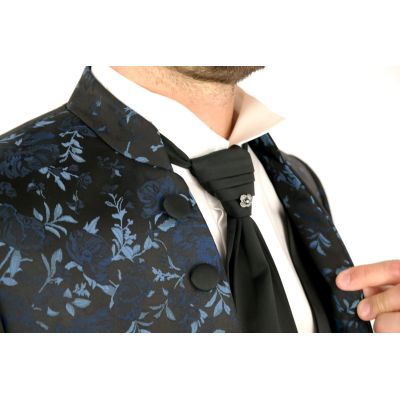 Garnitur męski GG12 z kamizelką i krawatem niebieski kwiaty róże , elegancki Pan Młody i nie tylko, ślubny | Sklep GriShop.eu | 