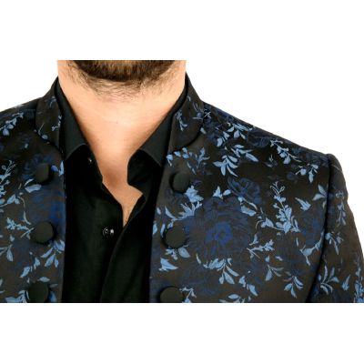 GIOVANNI PERA Marynarka męska kwiaty czarna, niebieskie róże ekskluzywna smokingowa, na stójce, otwarta GG12M | Sklep GriShop.eu