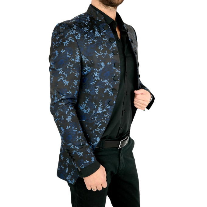 GIOVANNI PERA Marynarka męska kwiaty czarna, niebieskie róże ekskluzywna smokingowa, na stójce, otwarta GG12M | Sklep GriShop.eu