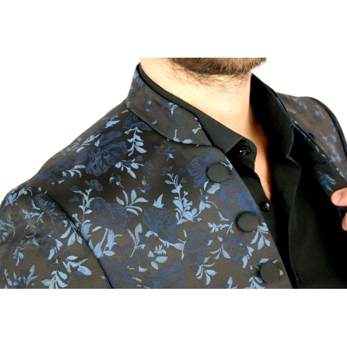 GIOVANNI PERA Marynarka męska kwiaty czarna, niebieskie róże ekskluzywna smokingowa, na stójce, otwarta GG12M | Sklep GriShop.eu