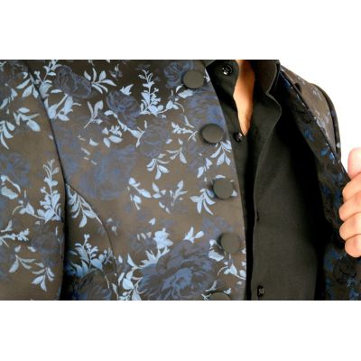 GIOVANNI PERA Marynarka męska kwiaty czarna, niebieskie róże ekskluzywna smokingowa, na stójce, otwarta GG12M | Sklep GriShop.eu