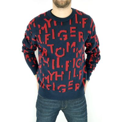 TOMMY HILFIGER Sweter męski SWTH57 granatowy, czerwony wzór | Grishop | Swetry