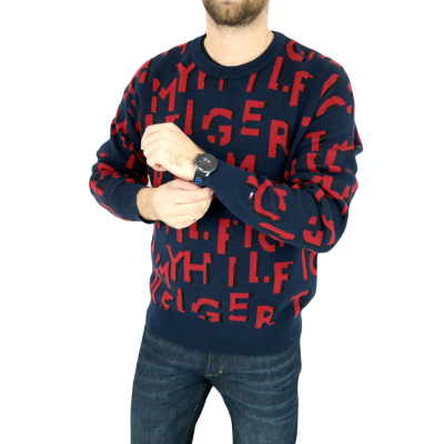 TOMMY HILFIGER Sweter męski SWTH57 granatowy, czerwony wzór | Grishop | Swetry