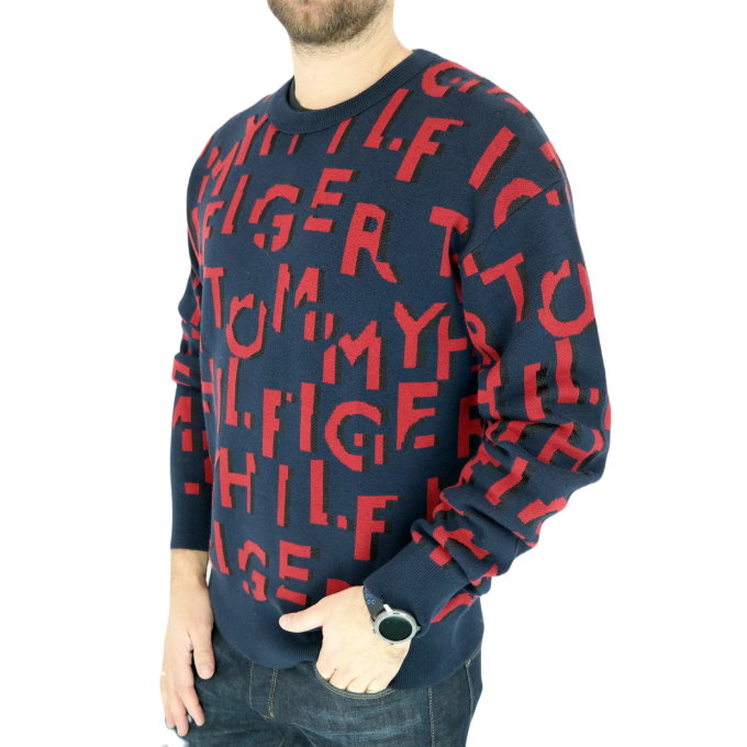 TOMMY HILFIGER Sweter męski SWTH57 granatowy, czerwony wzór | Grishop | Swetry